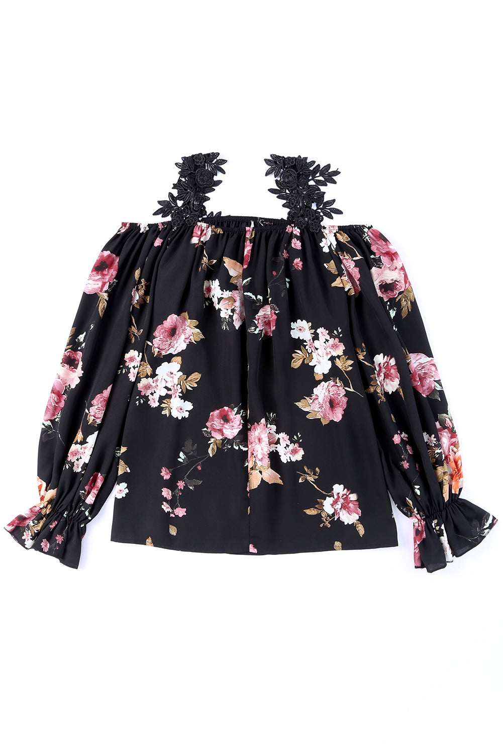 Black Floral Print Lace Patchwork Loose Cold Shoulder Blouse - LA Grand