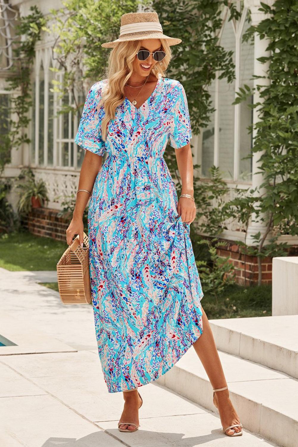 Green Wrap V Neck Floral Maxi Dress - LA Grand