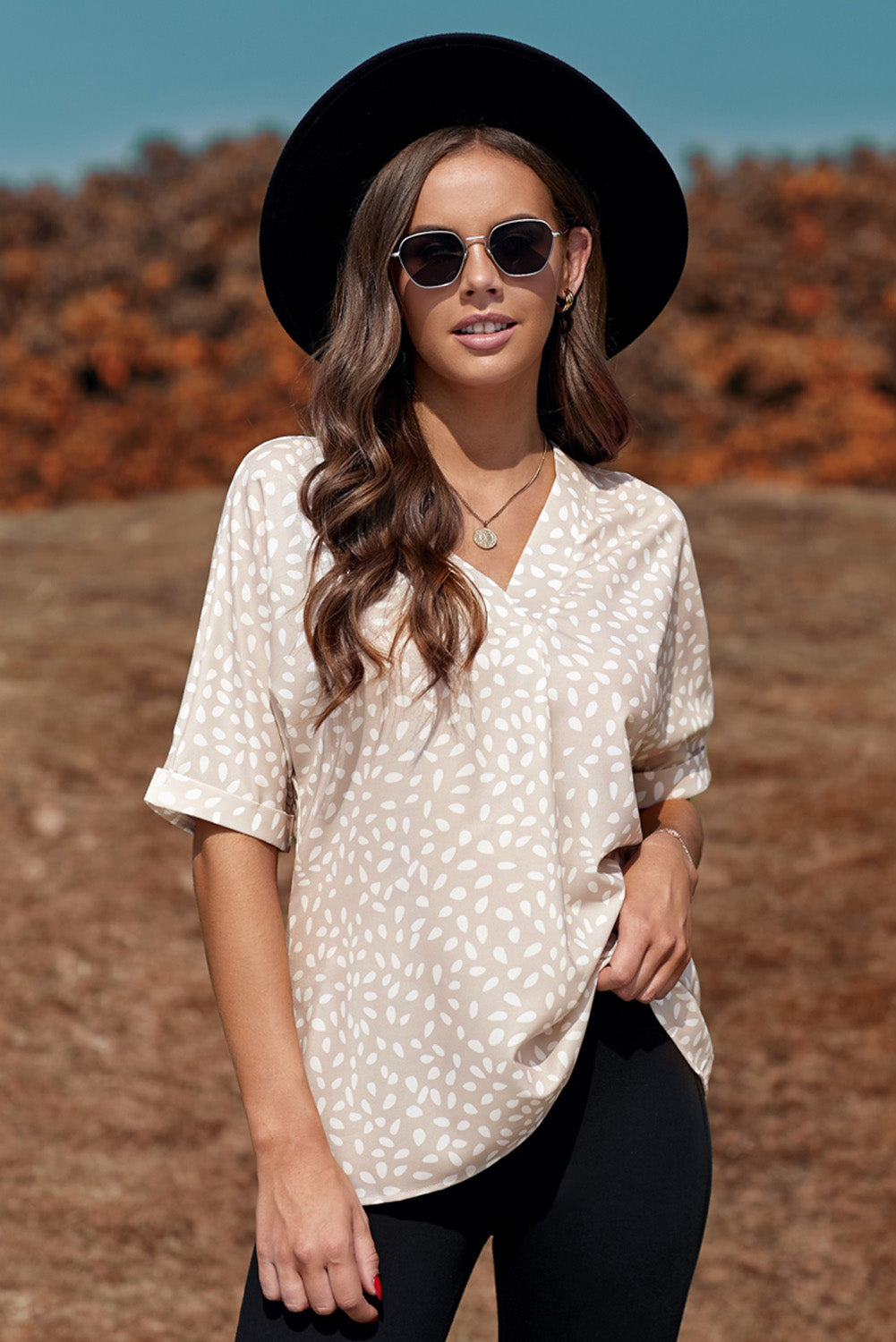 Apricot Animal Print V-neck Rolled Sleeve Tunic Top - LA Grand