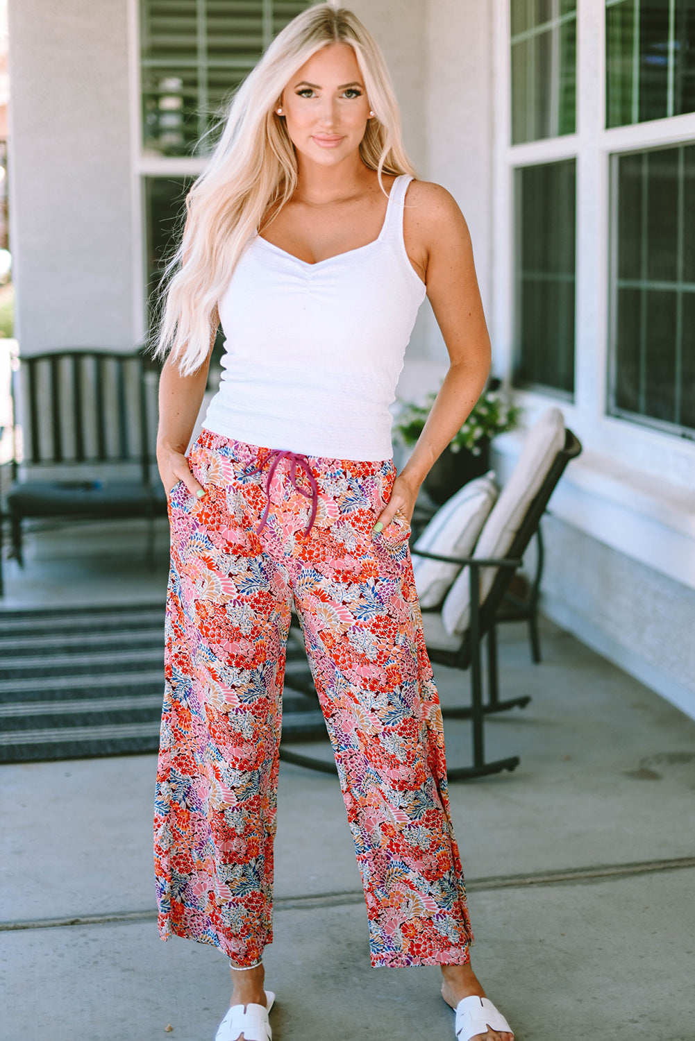 Fiery Red Gorgeous Print Drawstring Smocked High Waist Pants - LA Grand