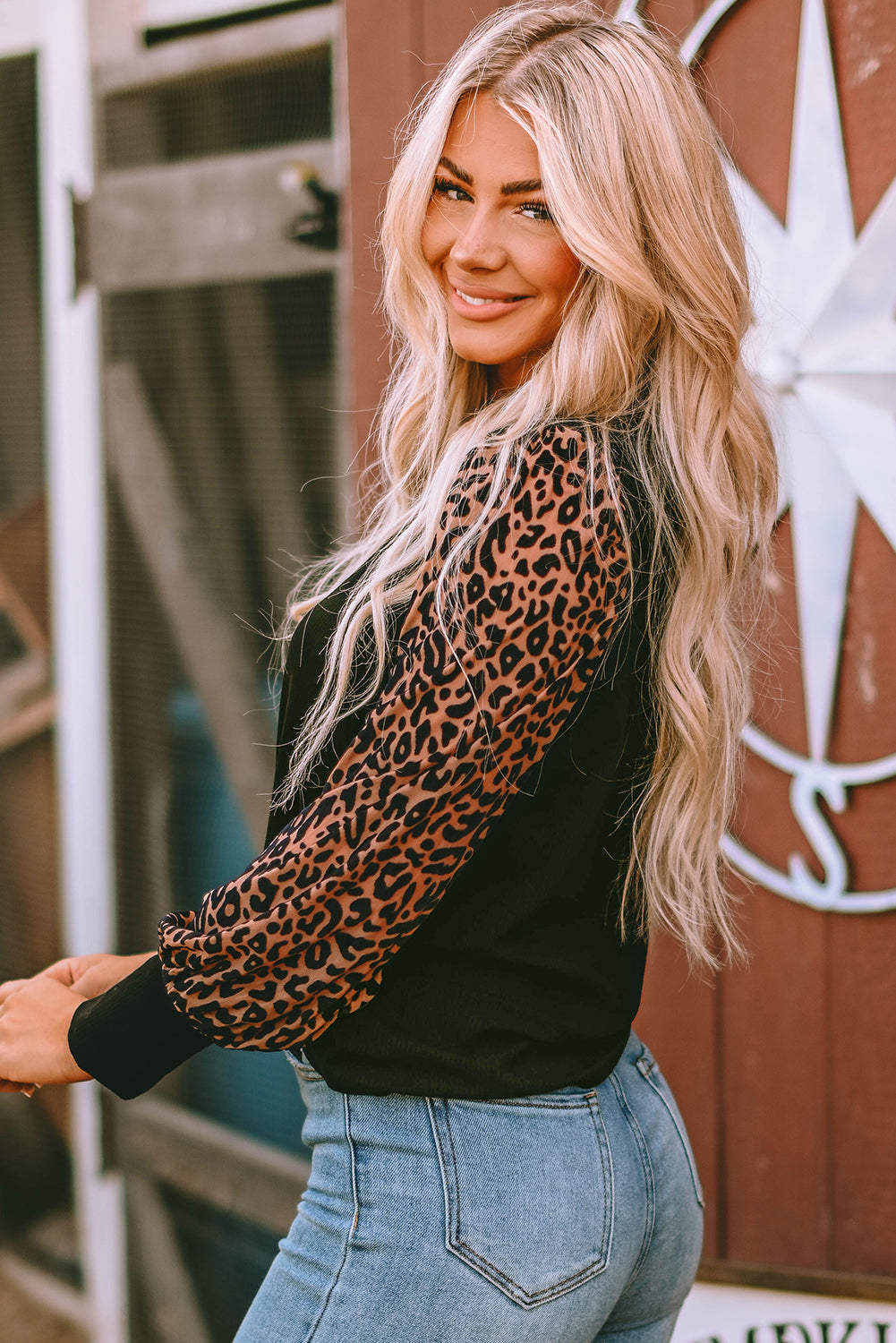 Apricot Leopard Print Long Sleeve Ribbed Knit Blouse - LA Grand