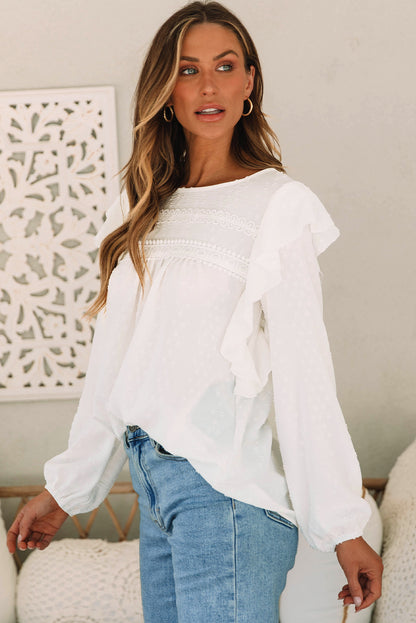 Sky Blue Lace Eyelet Ruffle Shoulder Long Sleeve Blouse - LA Grand