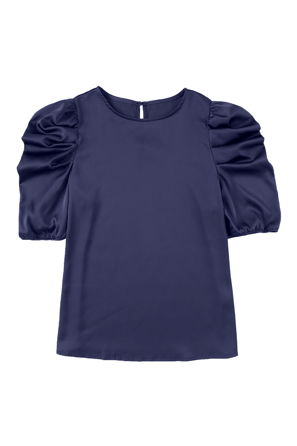 Dark Blue Ruched Puff Short Sleeve Satin Blouse - LA Grand