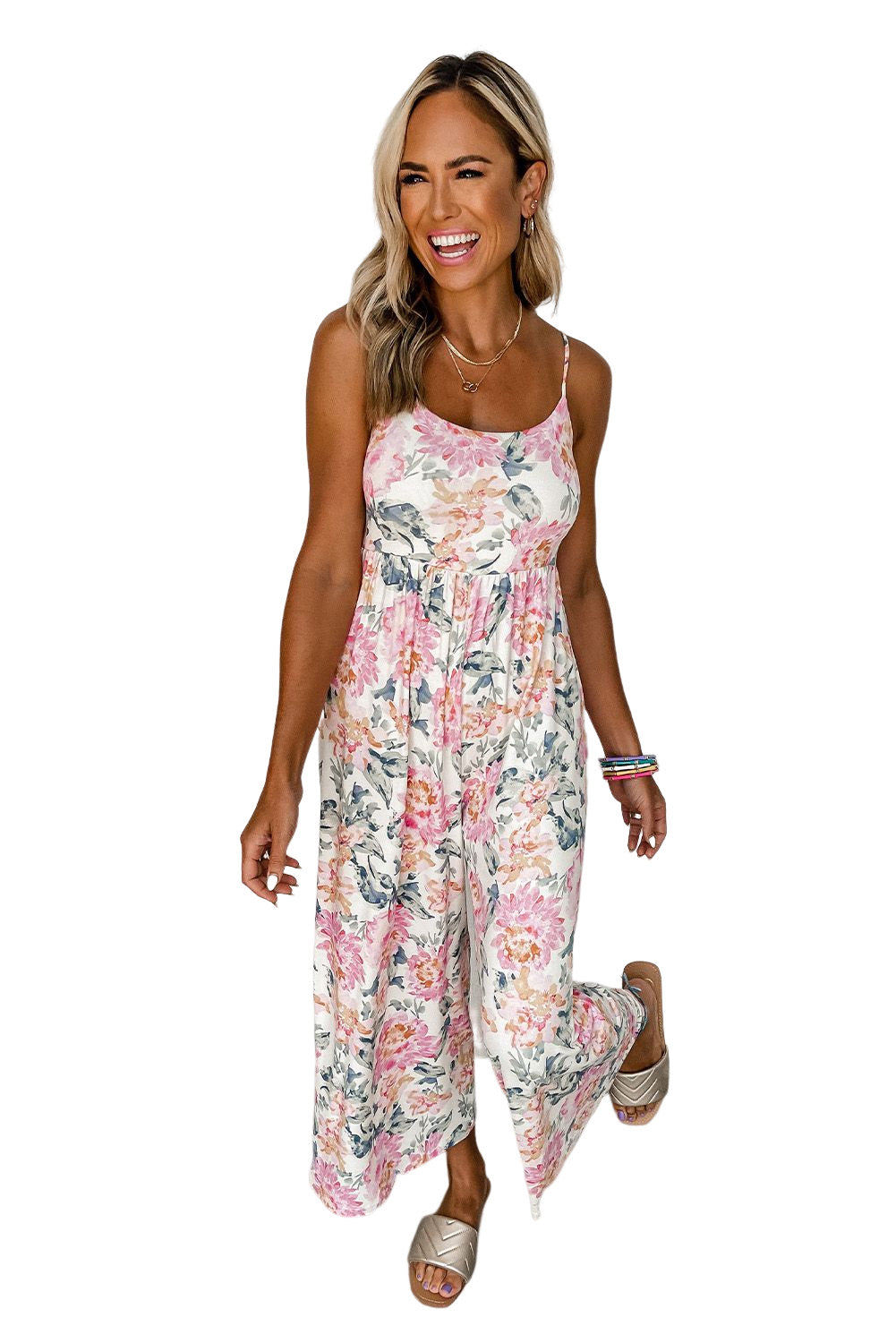 White Floral Spaghetti Straps Wide Leg Jumpsuit - LA Grand