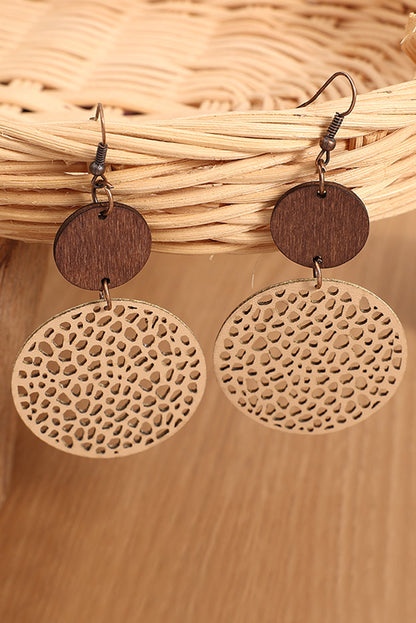 Beige Hollow Out Wooden Round Drop Earrings - LA Grand