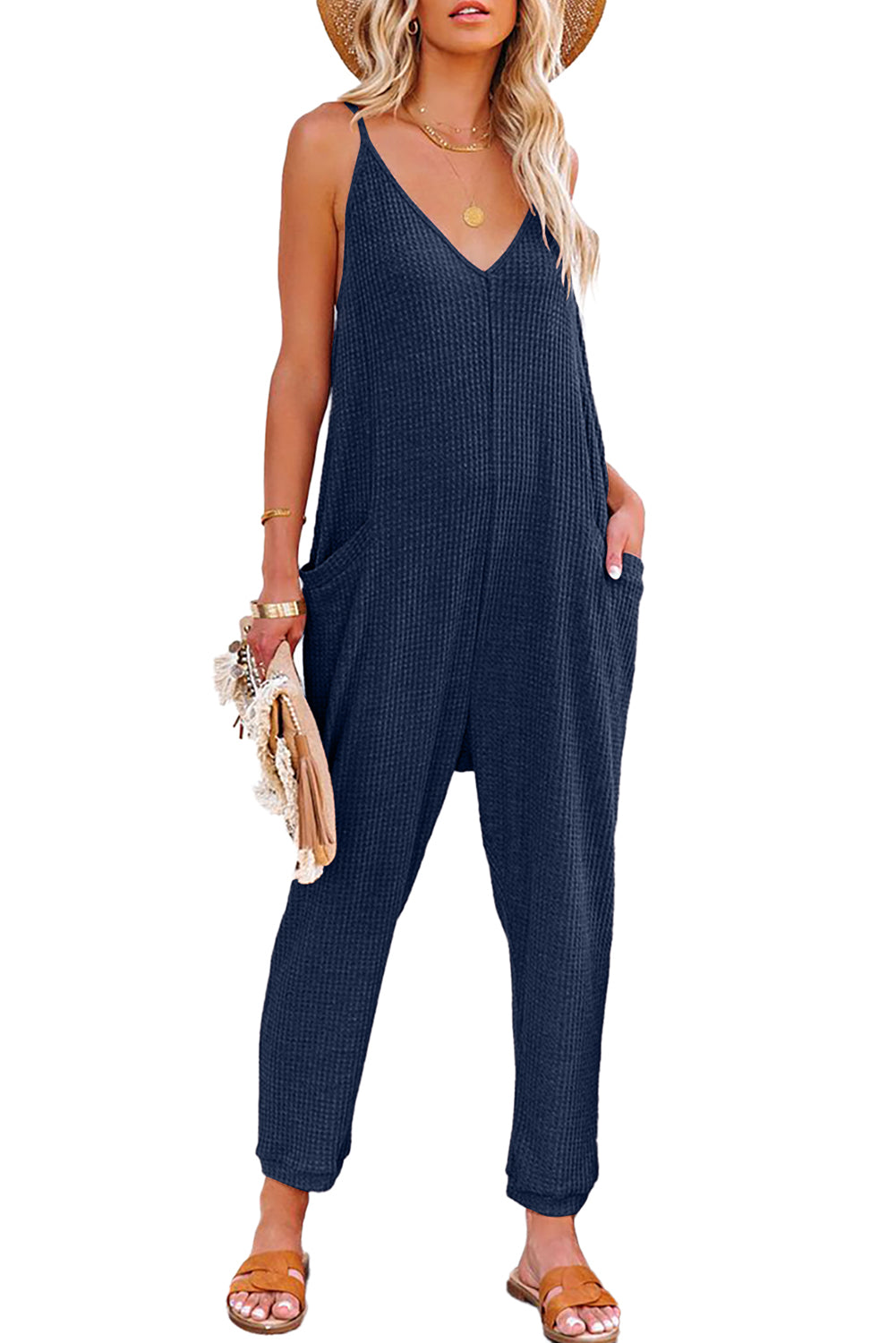 Blue Textured Sleeveless V-Neck Pocketed Casual Jumpsuit - LA Grand