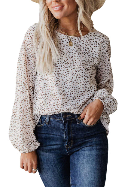 Leopard Crew Neck Long Sleeve Blouse - LA Grand