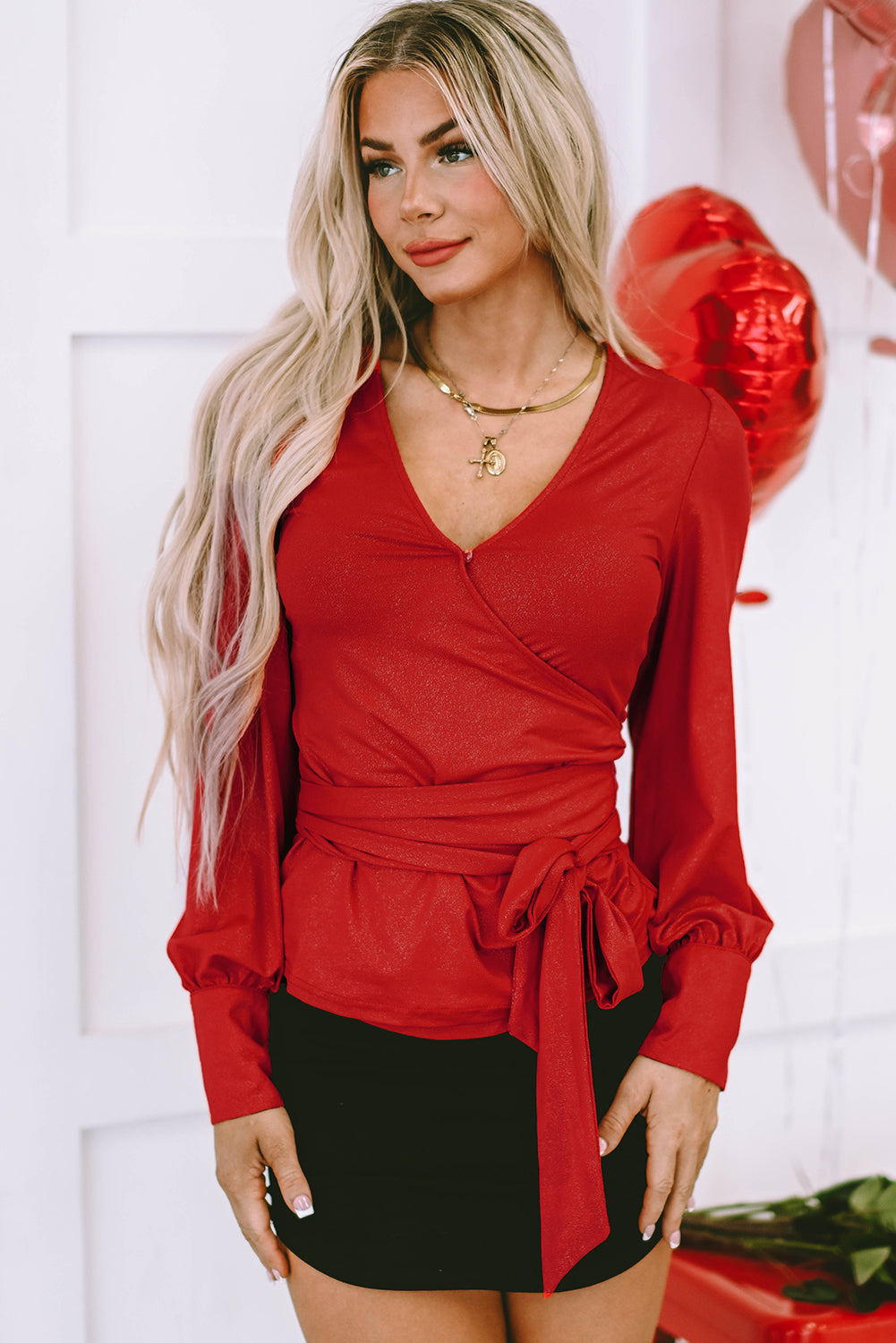 Fiery Red Glitter Wrap V Neck Tie Hem Puff Sleeve Blouse - LA Grand