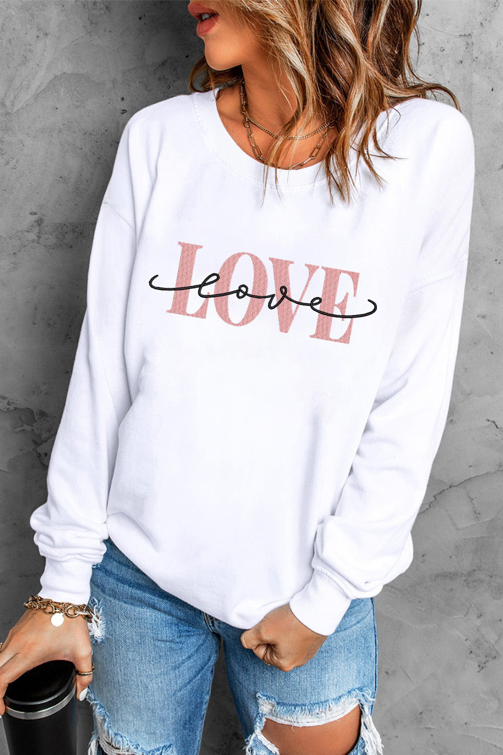 White LOVE Embroidered Crew Neck Drop Shoulder Sweatshirt - LA Grand