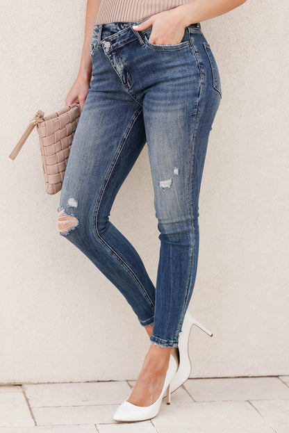 Sky Blue Asymmetric Button Zip Fly Distressed Skinny Jeans - LA Grand