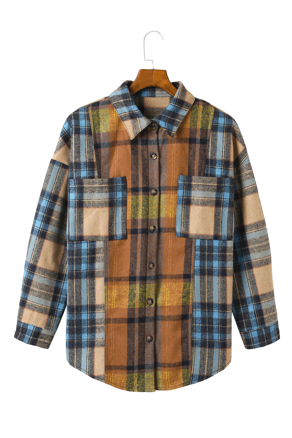 Brown Plaid Color Block Buttoned Shirt with Pockets - LA Grand