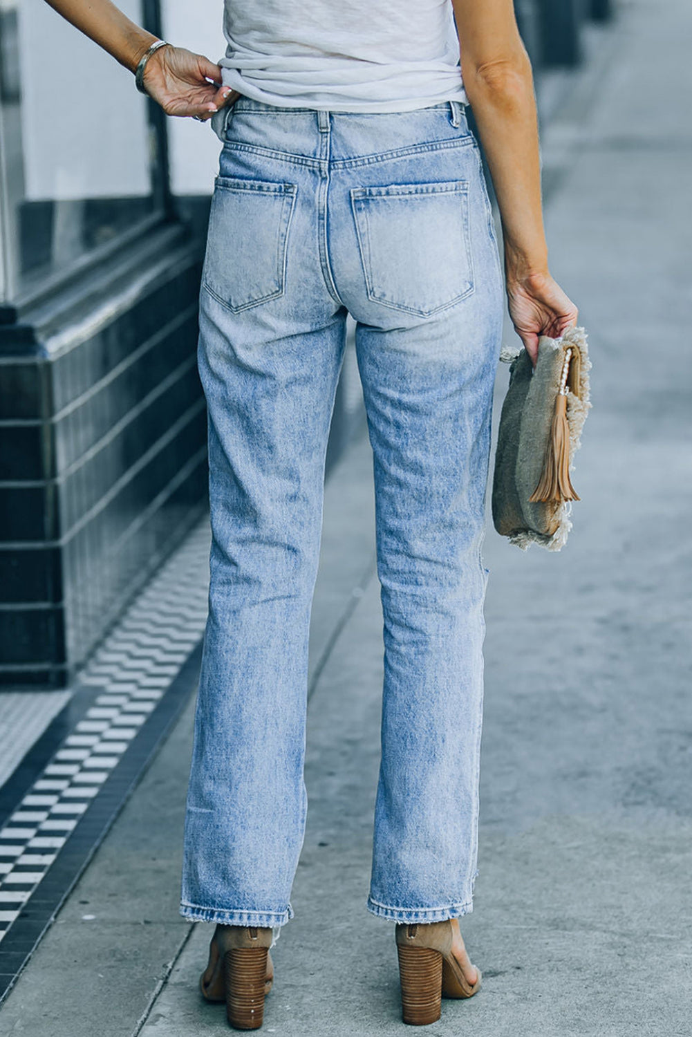 Sky Blue Side Splits Ripped Straight Leg High Waist Jeans - LA Grand