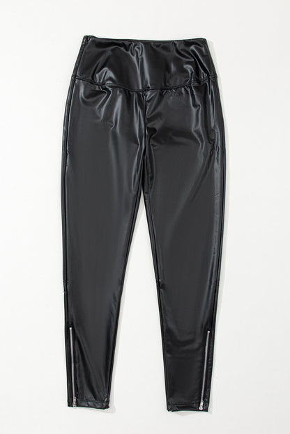 Black Faux Leather Zipped Detail Leggings - LA Grand