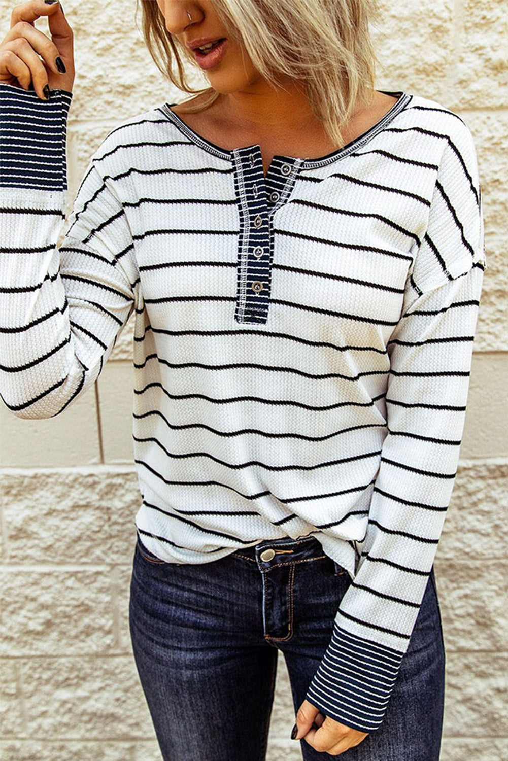 Striped Color Block Buttoned Waffle Knit Shirt - LA Grand