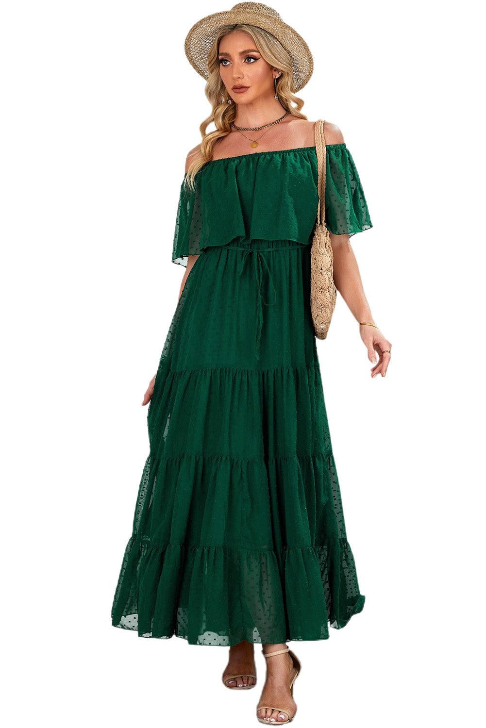 Verde Sunshine Off-Shoulder Swiss Dot Maxi Dress - LA Grand