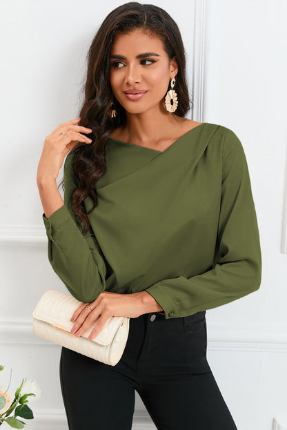 Apricot Solid Asymmetric V Neck Long Sleeve Satin Blouse - LA Grand