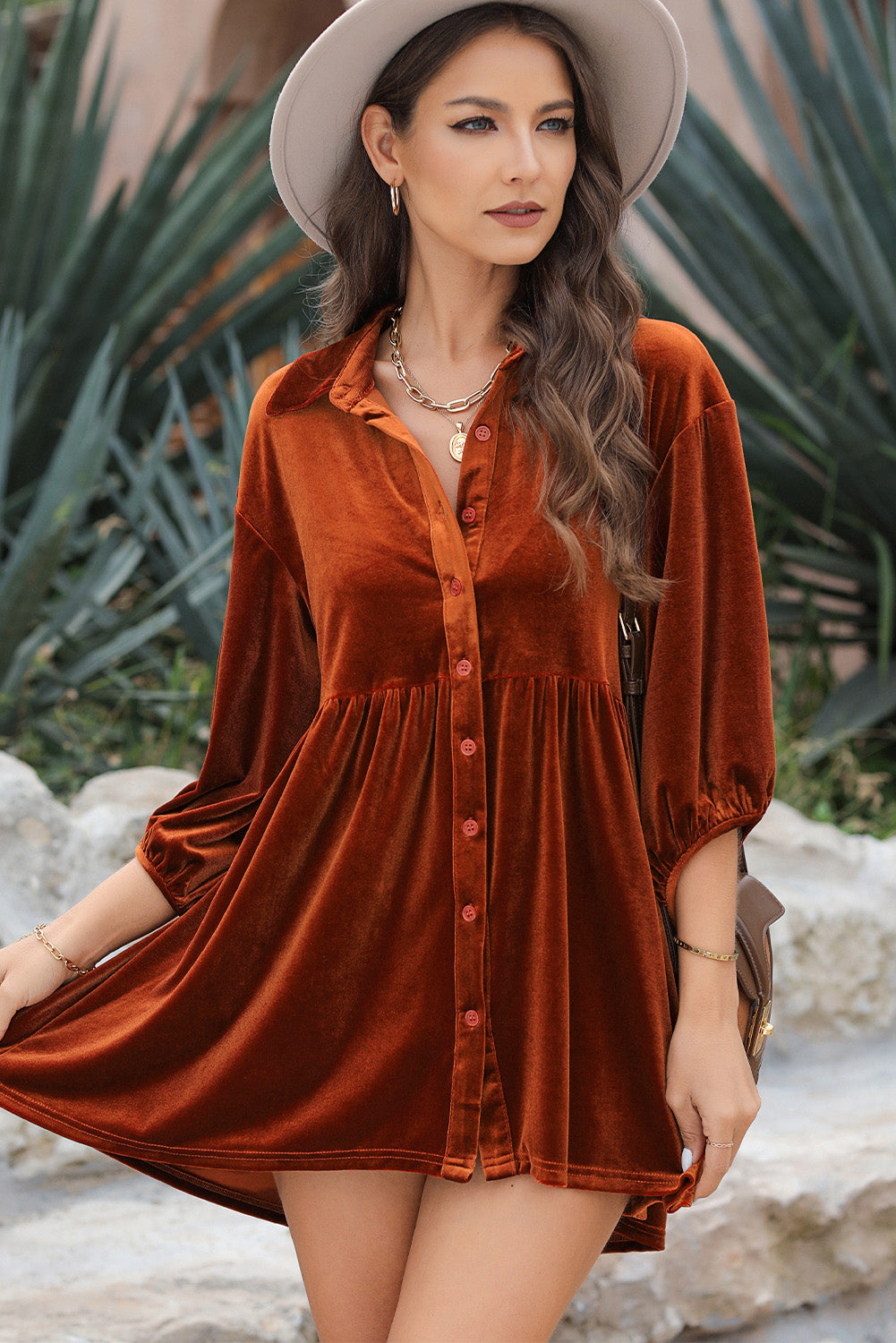 Chestnut 3/4 Sleeve Tunic Babydoll Velvet Shirt - LA Grand