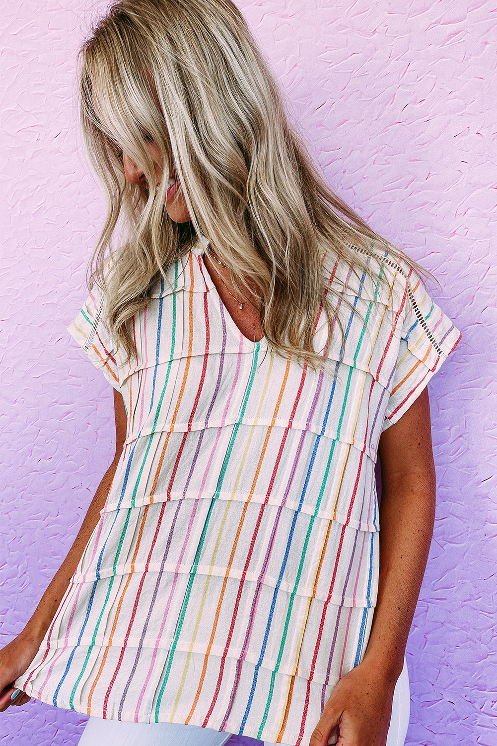 Multicolor Striped Pintuck Tiered Cap Sleeve Blouse - LA Grand