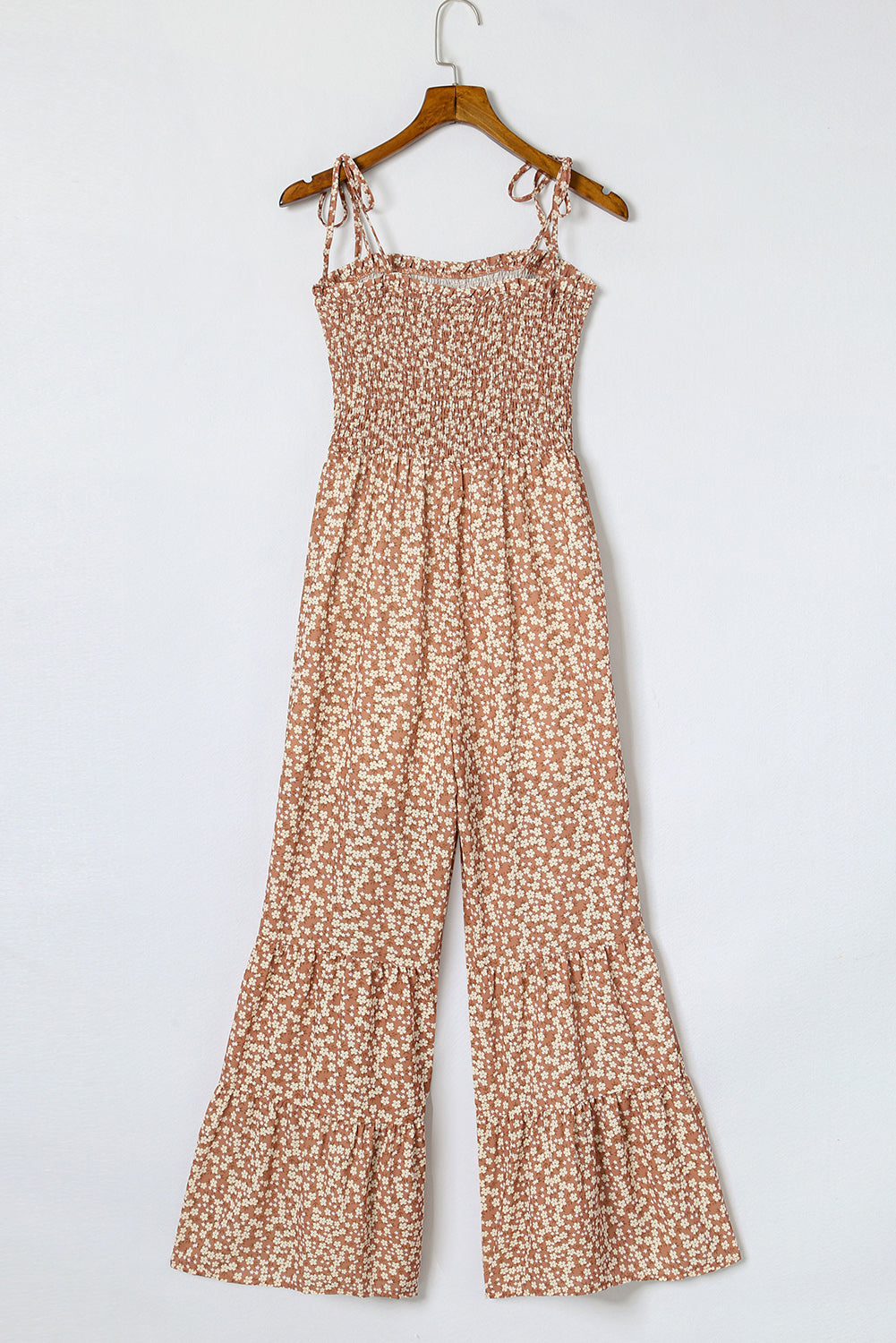 Khaki Thin Straps Smocked Bodice Wide Leg Floral Jumpsuit - LA Grand