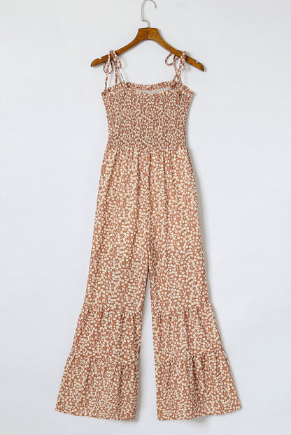 Khaki Thin Straps Smocked Bodice Wide Leg Floral Jumpsuit - LA Grand