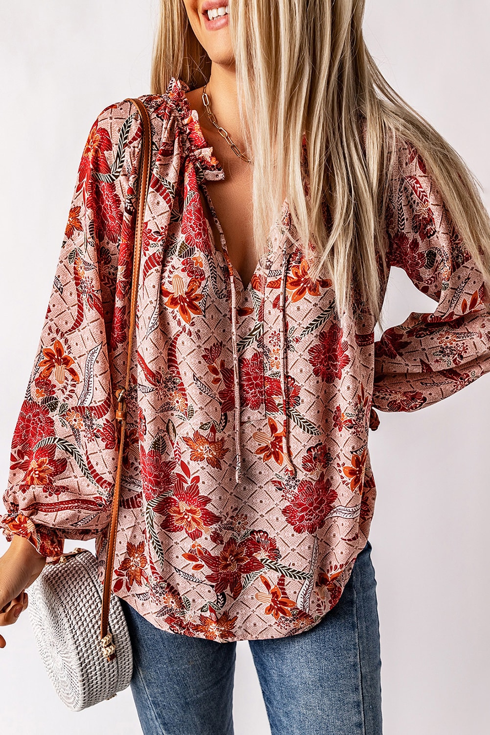 Pink Split V Neck Printed Blouse - LA Grand