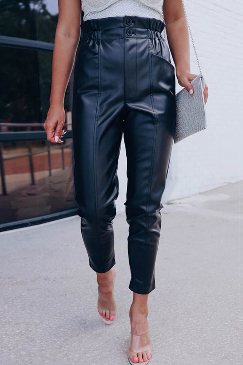 Black Smocked High Waist Faux Leather Skinny Pants - LA Grand