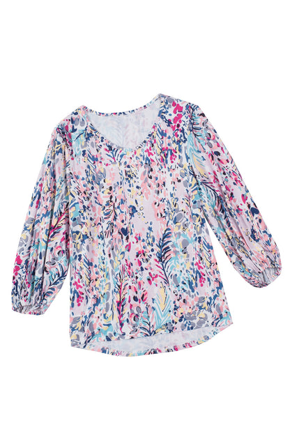 Blue Floral Print Puffy Sleeve Loose Blouse - LA Grand