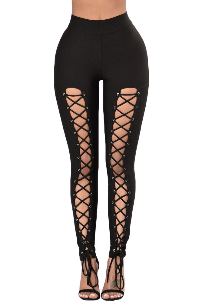 Black Grommet Lace Up Front Leggings - LA Grand