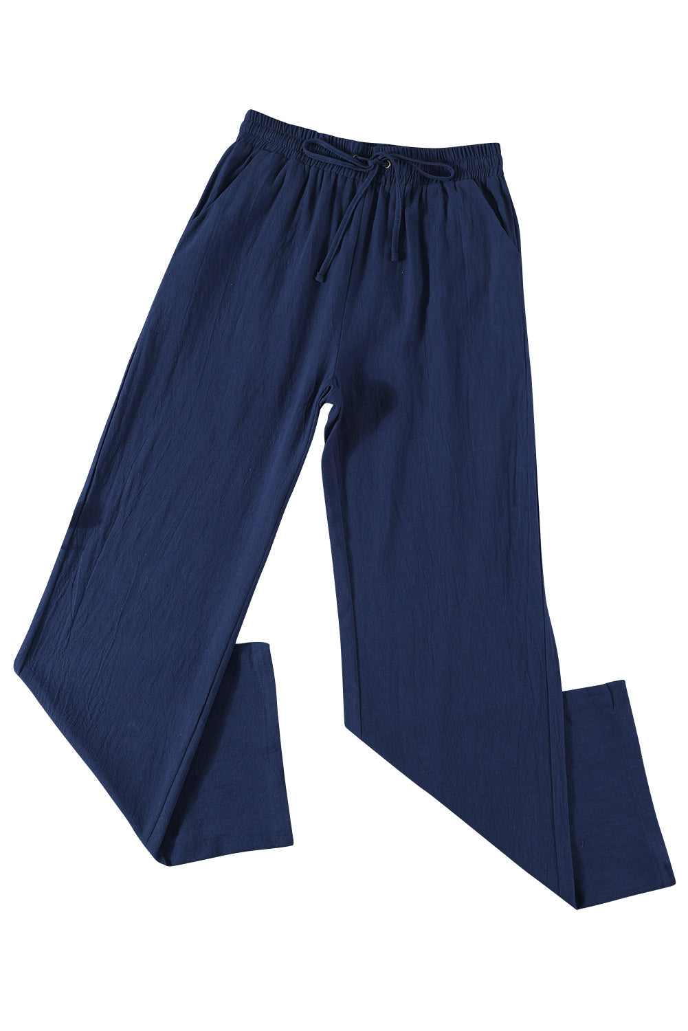 Blue Drawstring Elastic Waist Pockets Long Straight Legs Pants - LA Grand