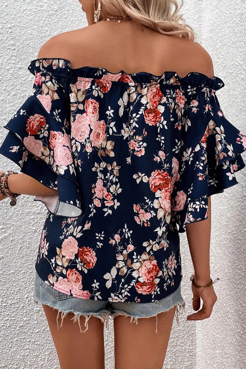 Blue Ruffle Off Shoulder Flounce Sleeve Floral Blouse - LA Grand