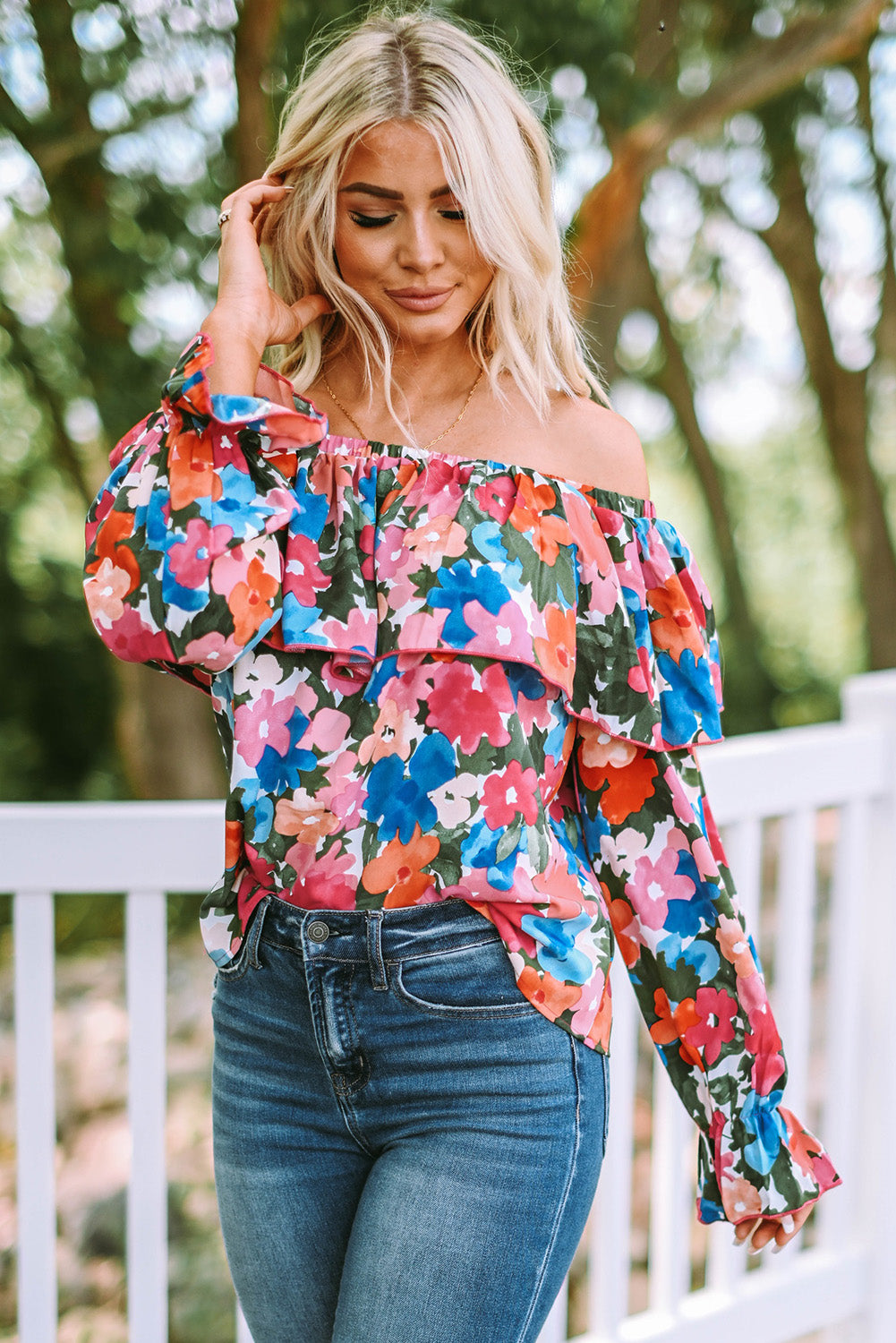 Floral Print Ruffled Off Shoulder Blouse - LA Grand