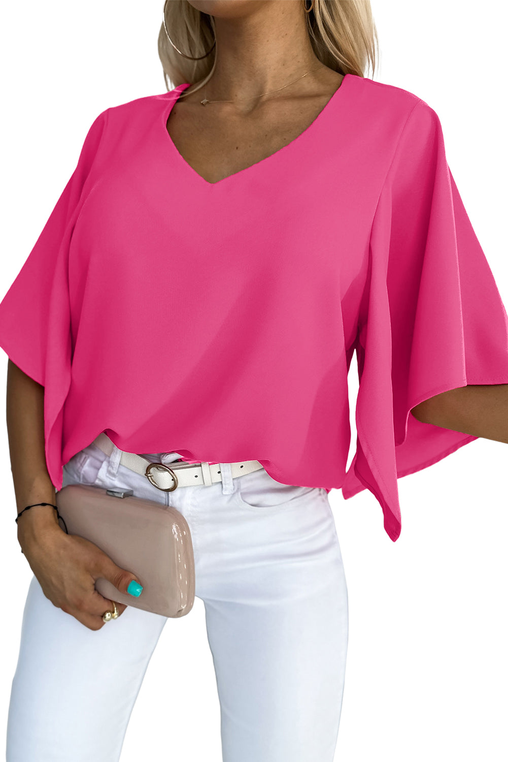 Rose Plain Flounce Bell Sleeve V Neck Blouse - LA Grand