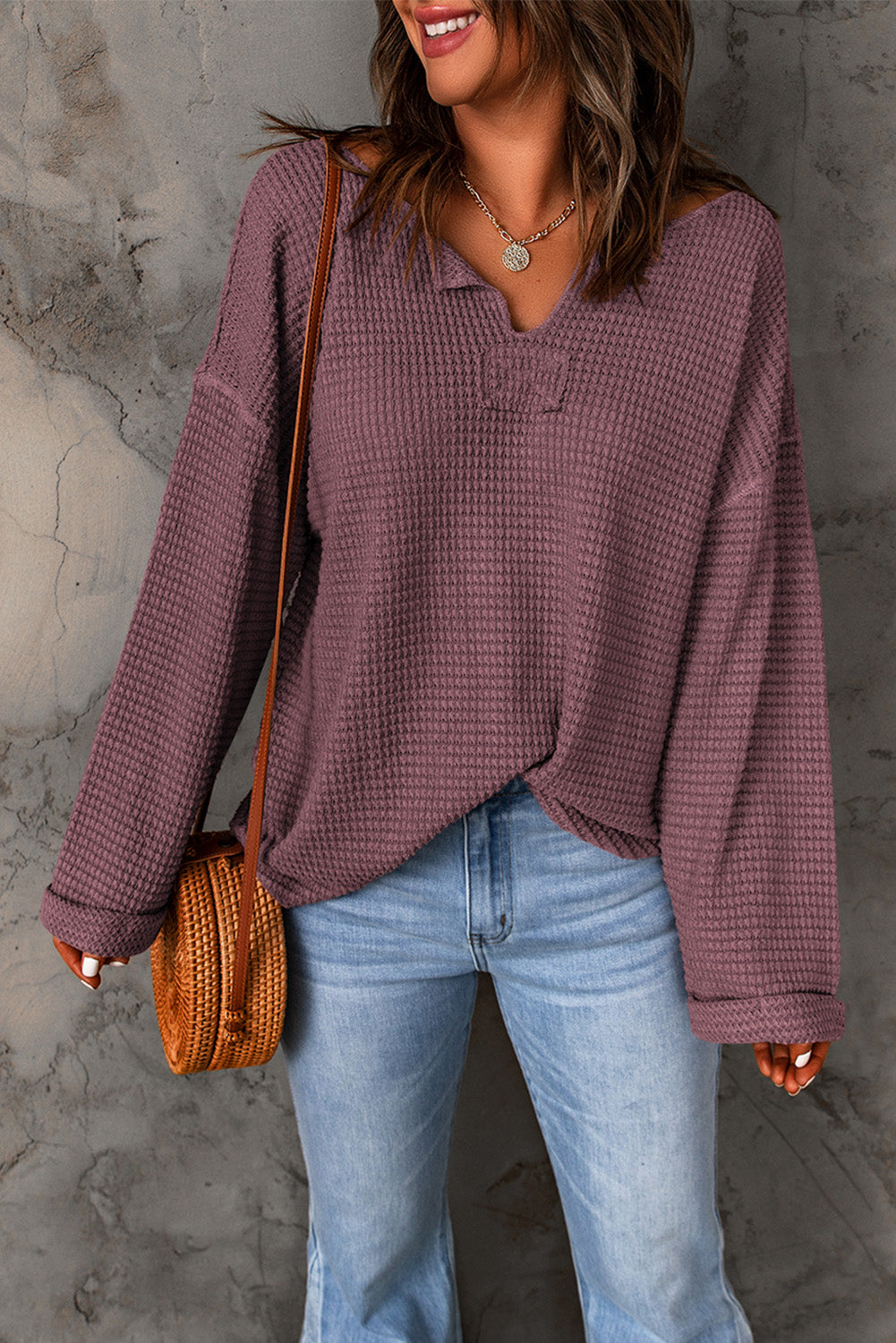 Dusk Blue Waffle Knit Loose Long Sleeve Top - LA Grand