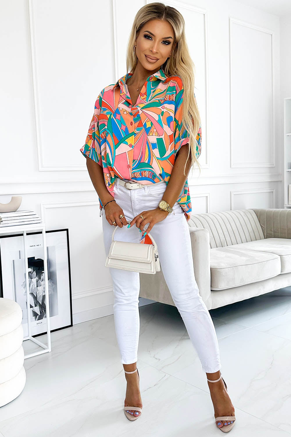 Multicolor Abstract Geometry Print Half Puff Sleeve Loose Shirt - LA Grand