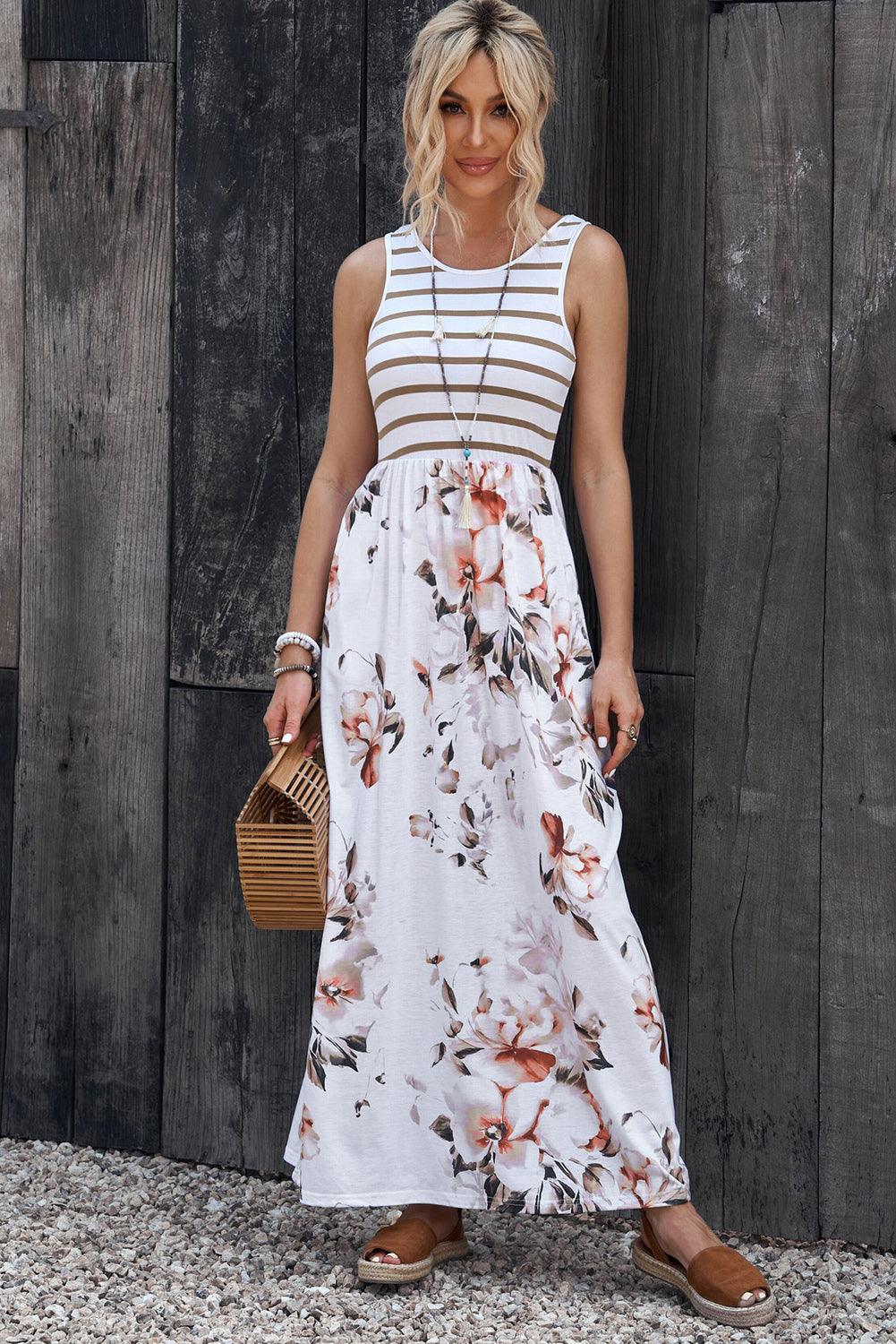 White Striped Floral Print Sleeveless Maxi Dress with Pocket - LA Grand