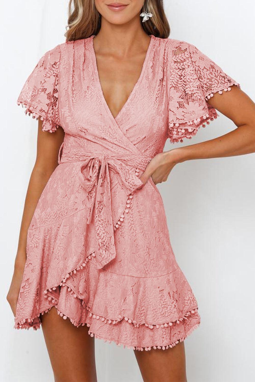 White Flutter Sleeve Wrap V Neck Floral Lace Short Dress - LA Grand