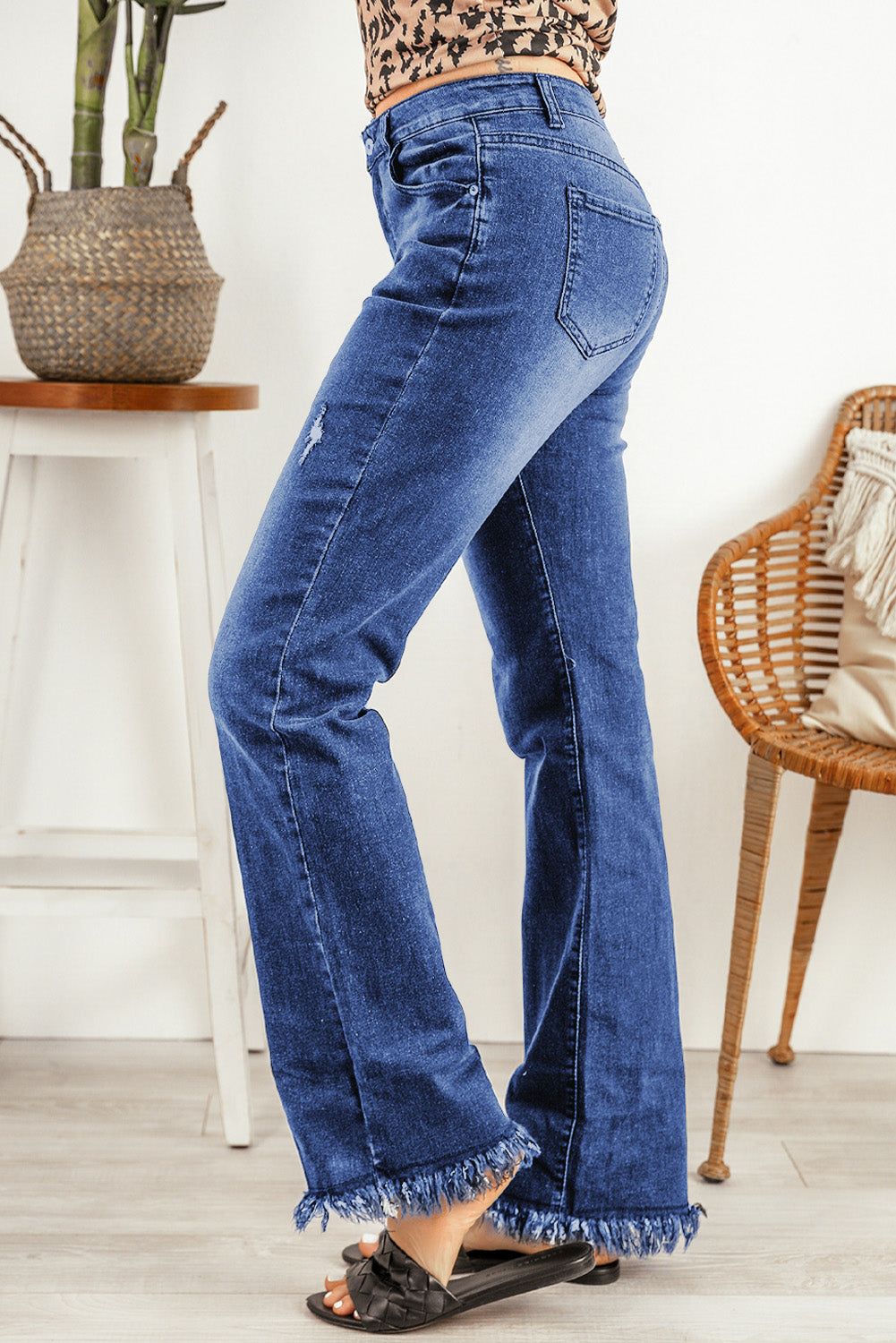 Blue Raw Hem Straight Leg Jeans - LA Grand