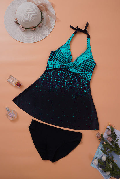 Turquoise Dot Print Halterneck Tankini Set - LA Grand