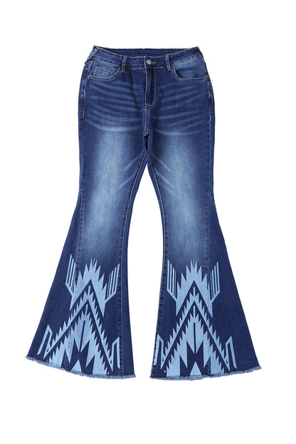 Blue Western Pattern High Rise Flare Jeans - LA Grand