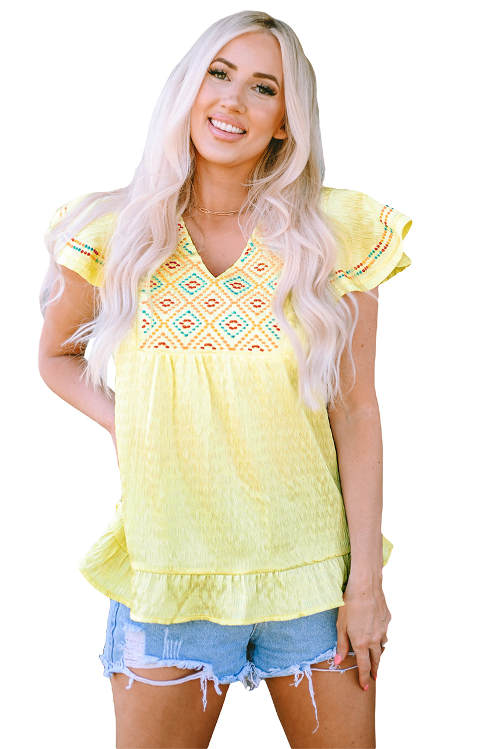 Yellow Geometric Embroidery Textured Top with Ruffles - LA Grand