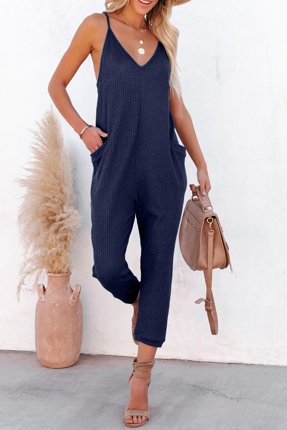 Blue Textured Sleeveless V-Neck Pocketed Casual Jumpsuit - LA Grand