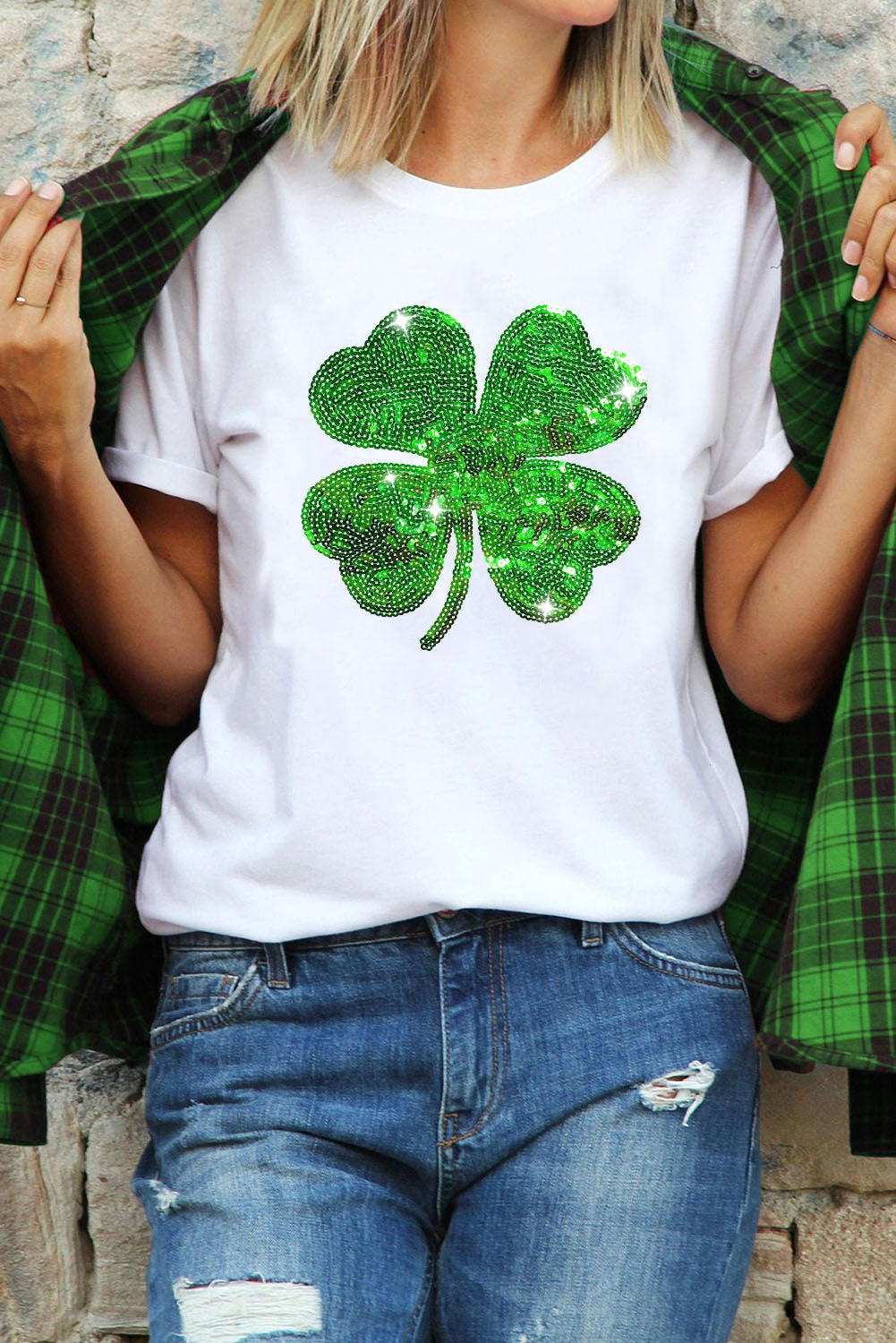 White Sequin Clover Patch Graphic St Patrick Fashion Tee - LA Grand