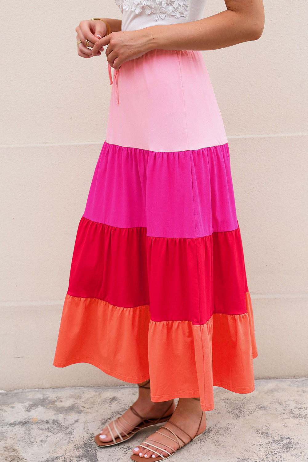 Pink Color Block Tiered Drawstring High Waist Maxi Skirt - LA Grand