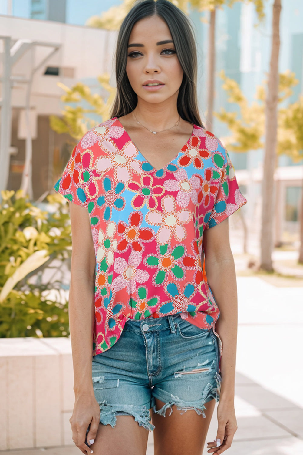 Pink Abstract Print V Neck Dolman Blouse - LA Grand