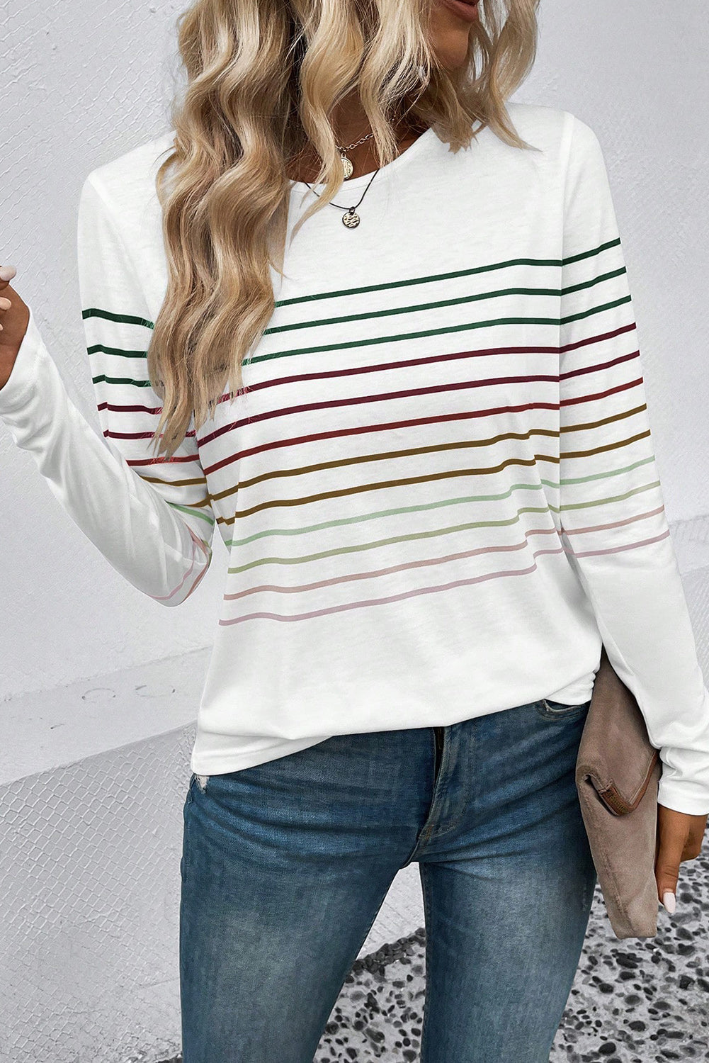 Multicolor Striped Crew Neck Long Sleeve Top - LA Grand