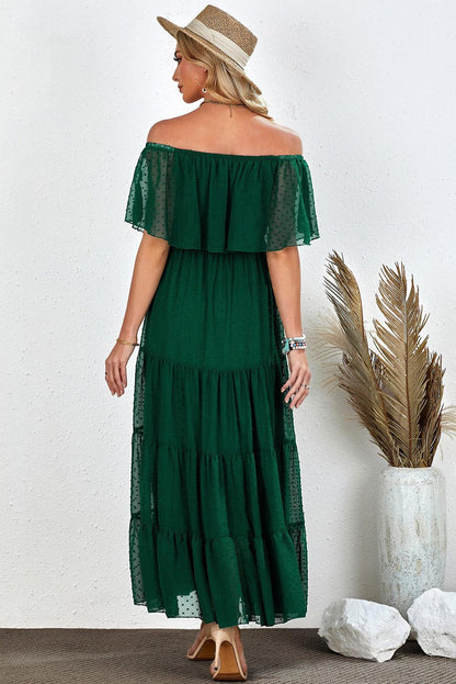 Verde Sunshine Off-Shoulder Swiss Dot Maxi Dress - LA Grand