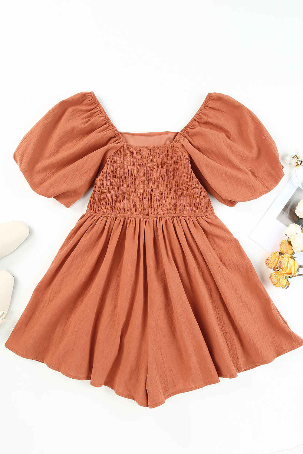 Brown Square Neck Ruched Puff Sleeve Romper - LA Grand