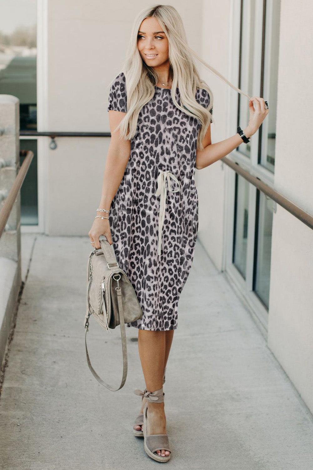 Leopard Short Sleeve Pocketed Drawstring Casual Dress - LA Grand