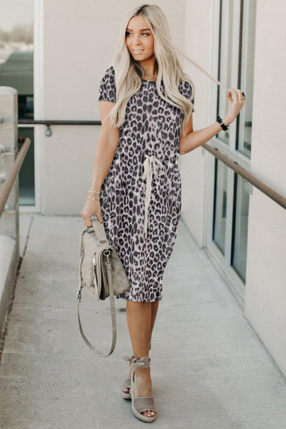 Leopard Short Sleeve Pocketed Drawstring Casual Dress - LA Grand