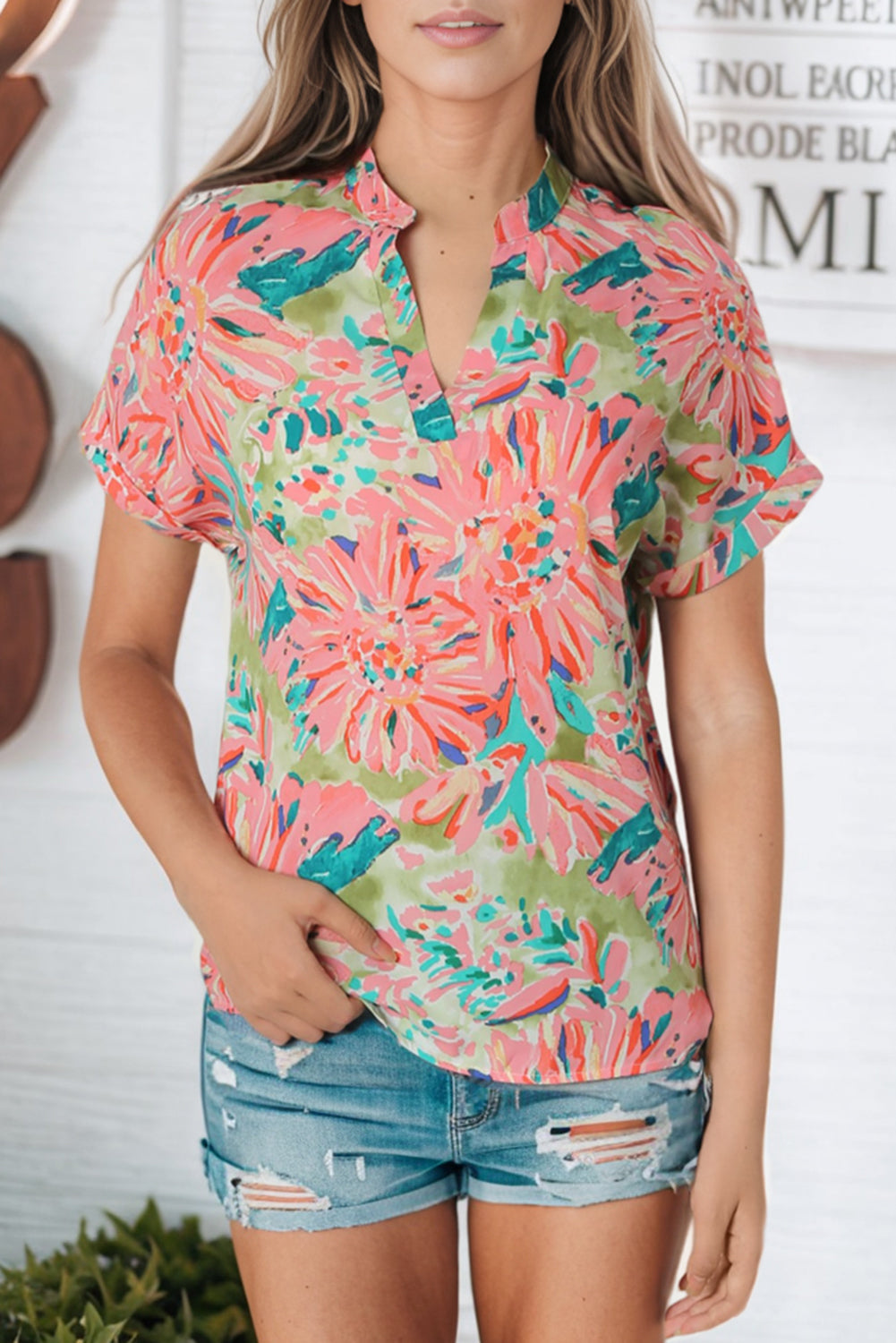 Green Abstract Floral Print Notch V Neck Rolled Short Sleeve Blouse - LA Grand